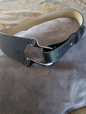 Worth New York Black Italian Leather Wide Statement Belt Silver Hook Buckle